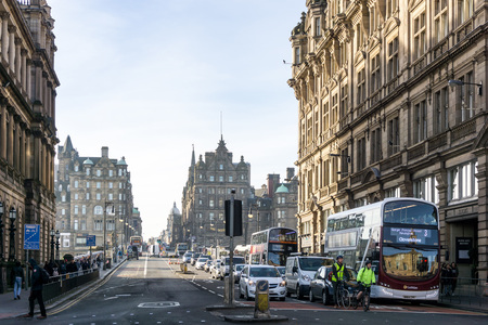 EDINBURGH, SCOTLAND - March 27, 2017: Street view of Historic Old Town Houses in Edinburgh, Scotlandのeditorial素材