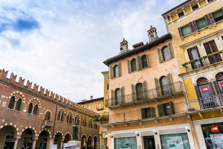 Verona, ITALY - September 3, 2016. Beautiful street view of  Verona center. Shakespeare's plays are set in Verona: Romeo and Juliet, The Two Gentlemen of Verona, and The Taming of the Shrew.のeditorial素材