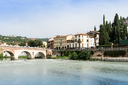 Verona, ITALY - September 3, 2016. Beautiful street view of  Verona center. Shakespeare's plays are set in Verona: Romeo and Juliet, The Two Gentlemen of Verona, and The Taming of the Shrew.のeditorial素材