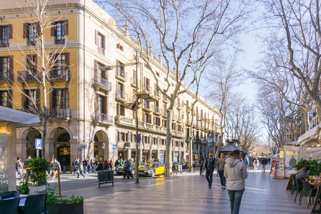 BARCELONA SPAIN - February 9, 2017: street view of Old town in Barcelona, is the capital city of the...