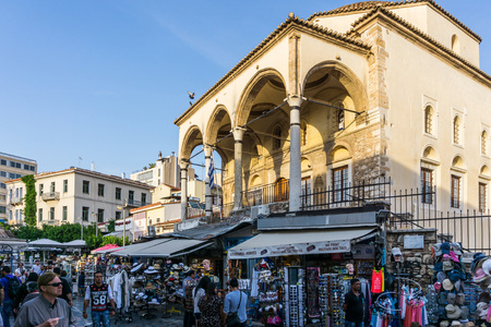 ATHENS, GREECE - May 3, 2017: Tourists on foot Graben Street in Athens.のeditorial素材