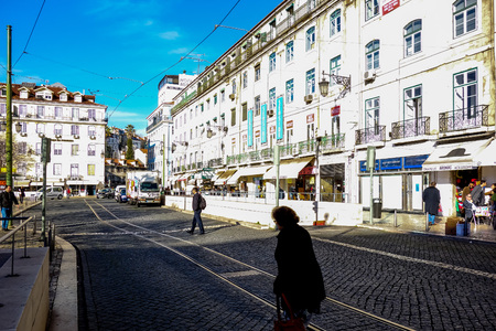 Lisbon, Portugal.- January 11, 2017 : Traditional old buildings on January 11, 2017. Beautiful street view of historic architectural in Lisbon, Portugal, Europeのeditorial素材