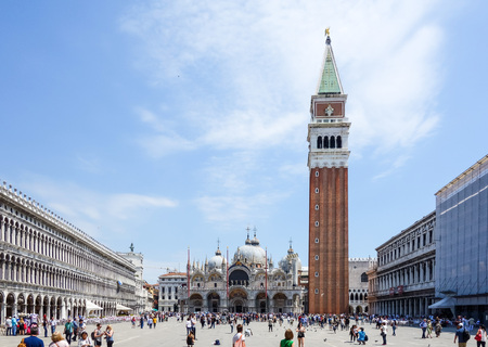 VENICE, ITALY - May 18, 2017.street view of St Mark's Campanile in Venice on May 18, 2017. its entirety is listed as a World Heritage Site, along with its lagoon. VENICE, ITALYのeditorial素材