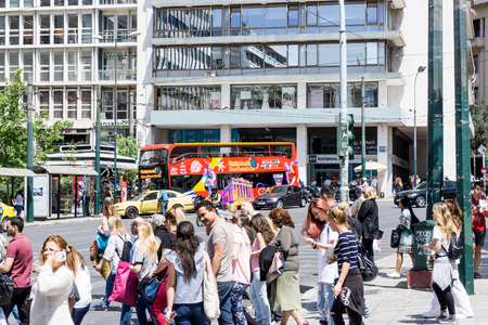 ATHENS, GREECE - May 3, 2017: Tourists on foot Graben Street in Athens.のeditorial素材