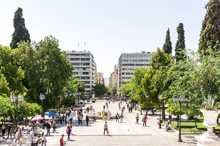 ATHENS, GREECE - May 3, 2017: Tourists on foot Graben Street in Athens.のeditorial素材