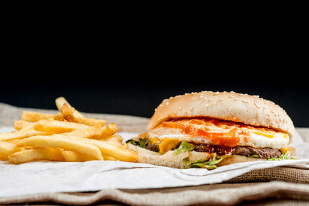 Cheese burger - American cheese burger with Golden French friesの写真素材