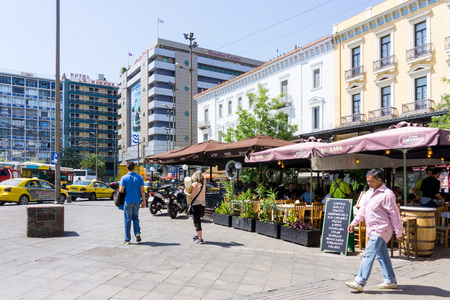 ATHENS, GREECE - May 3, 2017: Tourists on foot Graben Street in Athens.のeditorial素材