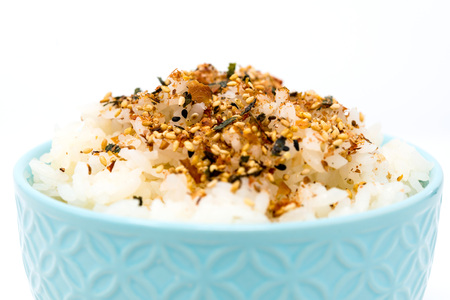 white rice with sesame in woodenの写真素材