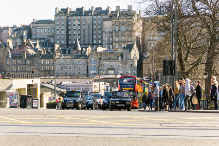 EDINBURGH, SCOTLAND - March 27, 2017: Street view of Historic Old Town Houses in Edinburgh, Scotlandのeditorial素材
