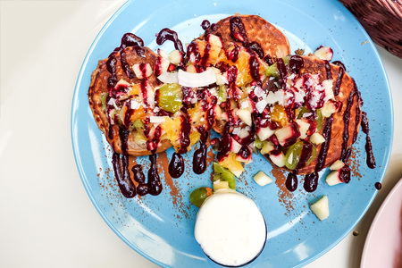 delicious pancake stack with honey