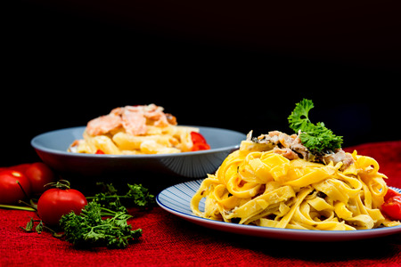 Spaghetti with tomato on a the tableの写真素材