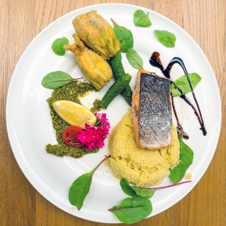 Bacon and Fries with seafood saladの写真素材