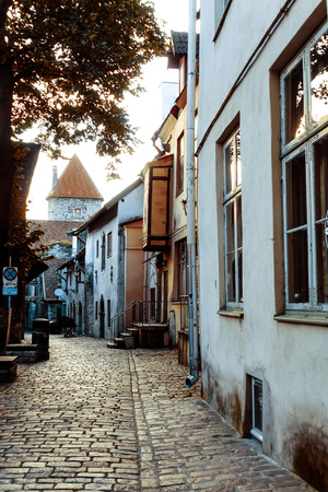 street view of downtown in Tallinn city, Estoniaの写真素材