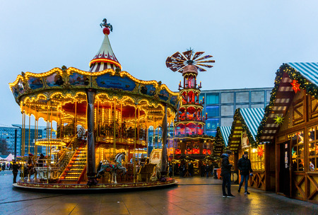 BERLIN, GERMANY - DECEMBER 23, 2016: Beautiful decorated booths and christmas lights at Gendarmenmarkt Christmas Market.のeditorial素材