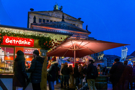 BERLIN, GERMANY - DECEMBER 23, 2016: Beautiful decorated booths and christmas lights at Gendarmenmarkt Christmas Market.のeditorial素材