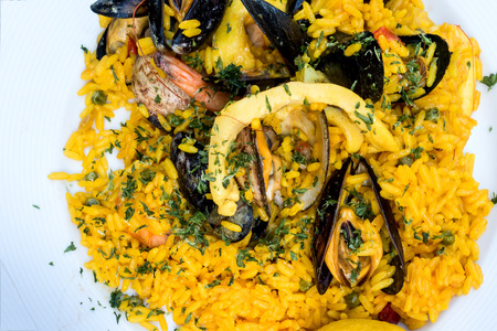 Prawn with rice - closeup of prawn with rice - traditionnal spanish food paellaの写真素材