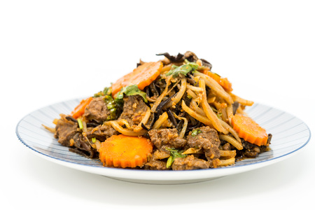 fried beef noodle food on the tableの写真素材