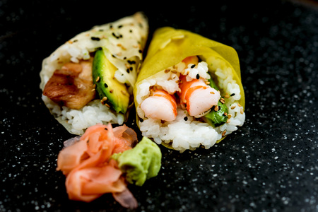 Japanese food Salmon and shrimp temaki sushiの写真素材