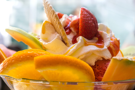 delicious ice cream in bowlの写真素材