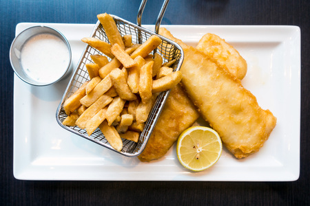 British Traditional fish and chips and  tartar sauceの写真素材