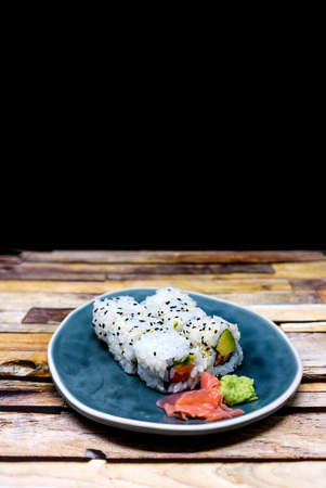 Japanese food Sushi Roll Maki of Salmon and avocadoの写真素材