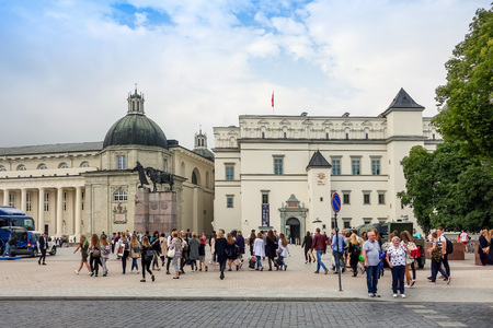 VILNIUS, LITHUANIA - September 2, 2017: People are walking through a narrow street in Old Town Vilnius, Lithuanianのeditorial素材