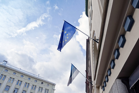 Flag of Estonia in Old Town Tallinn, Estoniaの写真素材