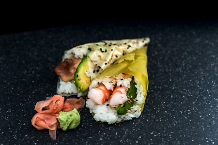 Japanese food Salmon and shrimp temaki sushiの写真素材
