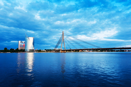 RIGA, LATVIA - August 28, 2017: The Vansu Bridge in Riga is a cable-stayed bridge that crosses the Daugava river in Rigaのeditorial素材