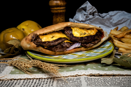 Sandwich with steak, cheese and lettuceの写真素材