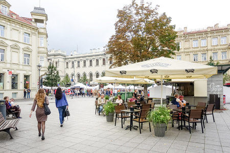 VILNIUS, LITHUANIA - September 2, 2017: People are walking through a narrow street in Old Town Vilnius, Lithuanianのeditorial素材