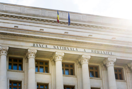 BUCHAREST, ROMANIA - August 28, 2017: National Bank of Romania in Old Town Bucharest, Romanianのeditorial素材