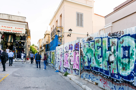 ATHENS, GREECE - May 3, 2017: Tourists on foot Graben Street in Athens, Greeceのeditorial素材