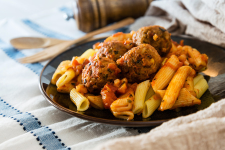 tasty penne with Meat ball and tomato sauceの写真素材