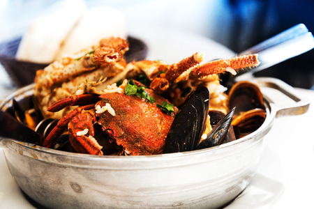 closeup mix seafood soup potの写真素材