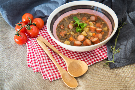 Traditional homemade Sausages with beans soupの写真素材