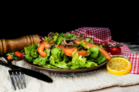 Delicious fresh salad and olive oilの写真素材