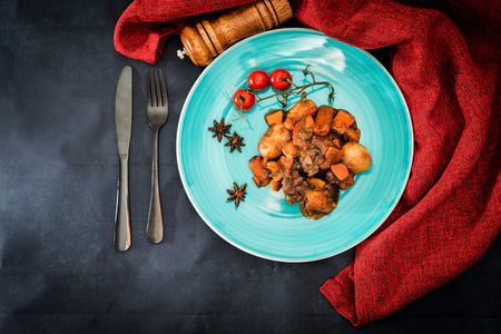 Beef meat stewed with potatoes-Traditional French cuisine Beef Bourguignon potatoes carrots in persilladeの写真素材