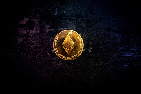 Golden Ethereum and mound of money. Digital cryptocurrency concept