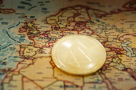 Digital currency concept - Crypto currency EOS on map of Europeの写真素材