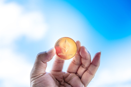 Crypto currency ethereum Sky background conceptの写真素材