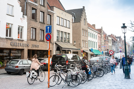 BRUGES, BELGIUM - April 13, 2018: Street view of downtown in Bruges, Belgiumのeditorial素材