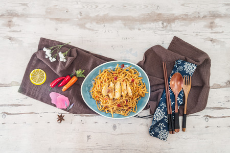 Asian Noodles with Chicken and Black Mushrooms,Corianderの写真素材