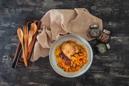 Prawn with rice - closeup of prawn with rice - traditionnal spanish food paellaの写真素材
