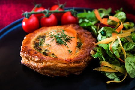 Leek quiche pie and smoked salmonの写真素材