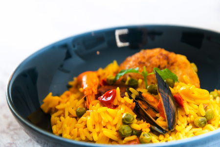 Prawn with rice - closeup of prawn with rice - traditionnal spanish food paellaの写真素材