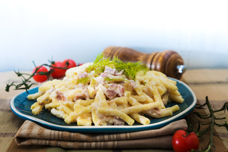 tasty Carbonara pasta on the tableの写真素材