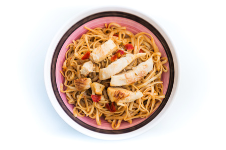 asian food fried chicken noodle on the tableの写真素材
