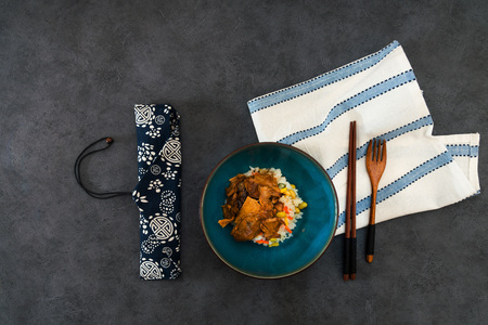 Vietnamese style caramel pork with rice and vegetable