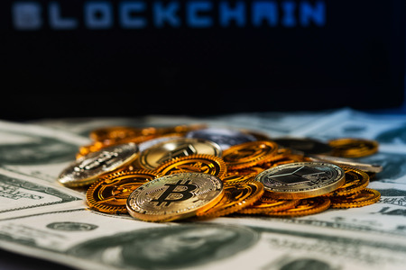 Blockchain English alphabet in broken dollar banknote